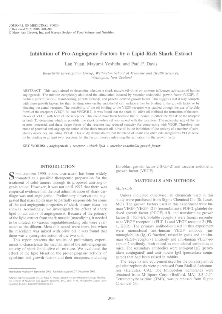 Inhibition of Pro-Angiogenic Factors by a Lipid-Rich Shark Extract P1