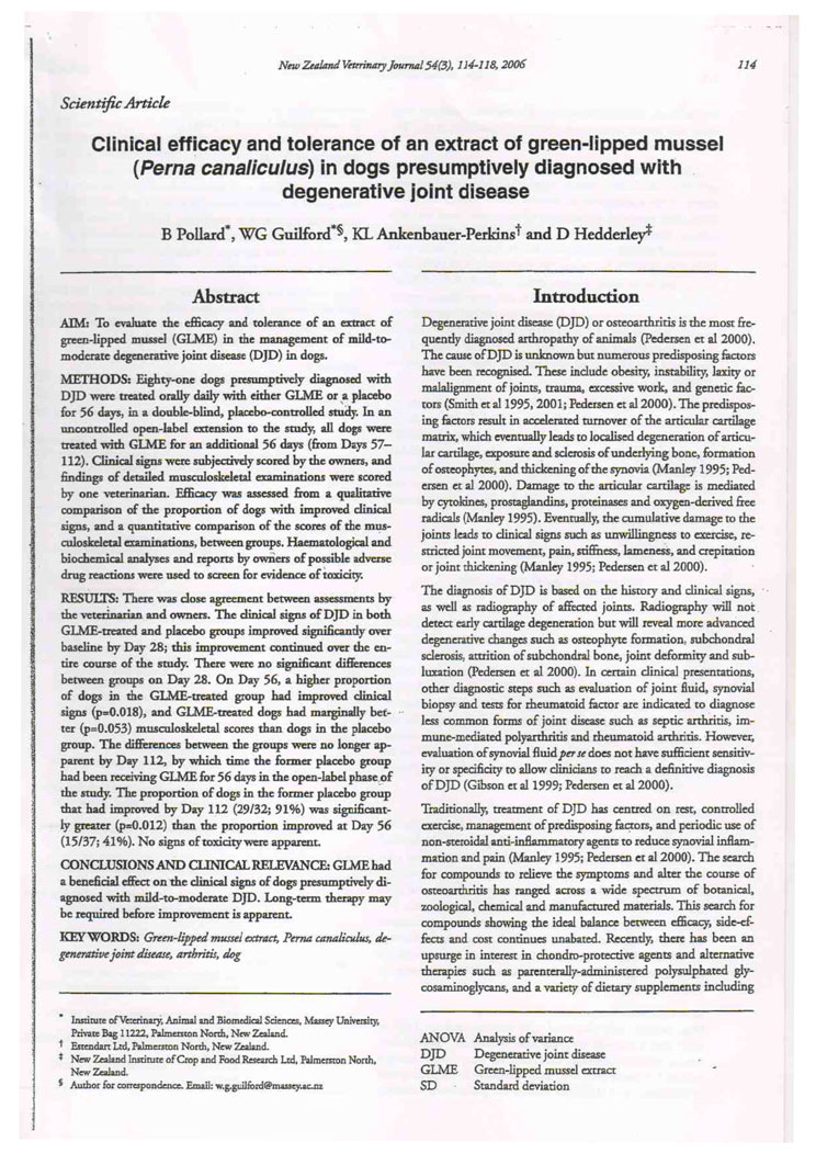 Effect of Green Lipped Mussel Extract on degenerative joint disease of dogs P1