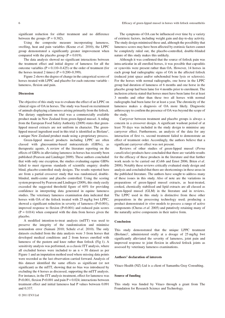 Efficacy of Biolane in horses with chronic fetlock lameness attributed to osteoarthritis P6