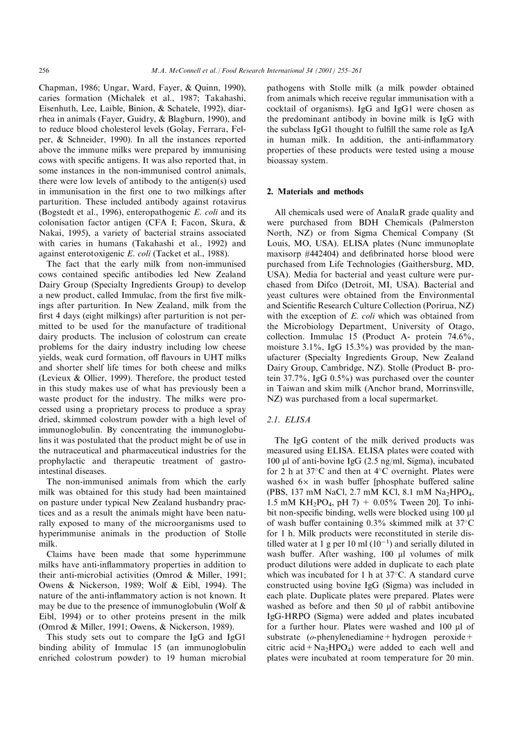 A comparison of IgG and IgG1 activity in an early milk concentrate from non-immunised cows and a milk from hyperimmunised animals P2