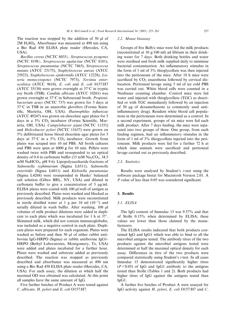 A comparison of IgG and IgG1 activity in an early milk concentrate from non-immunised cows and a milk from hyperimmunised animals P3