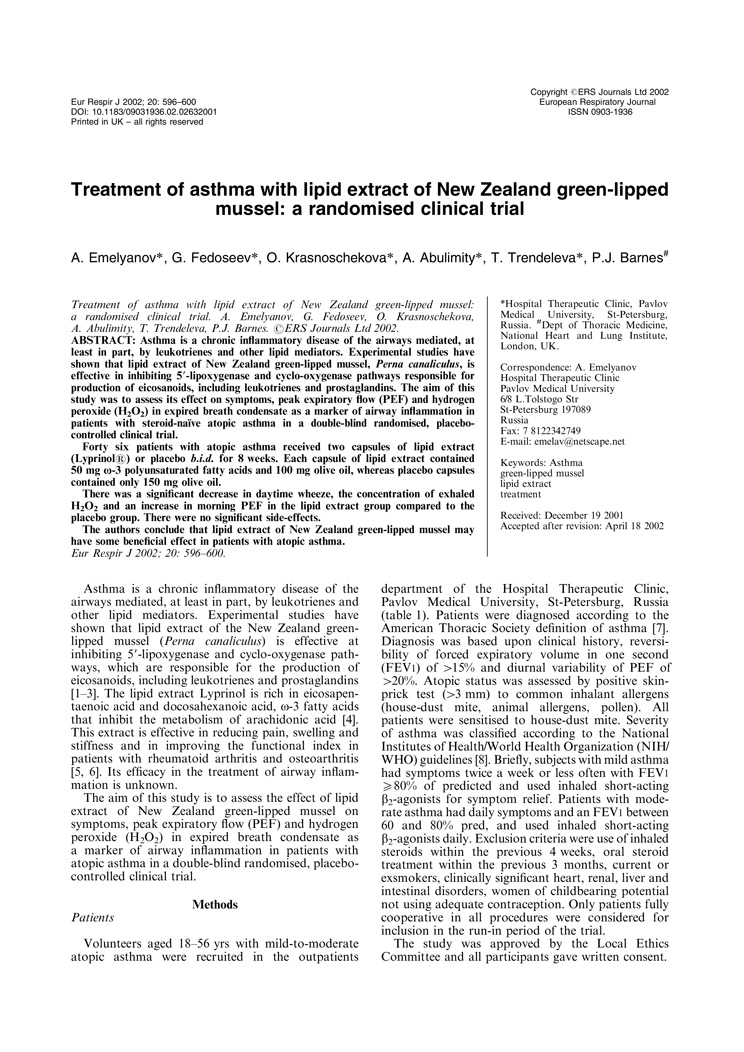 Treatment of asthma with lipid extract of New Zealand Green Lipped Mussel P1