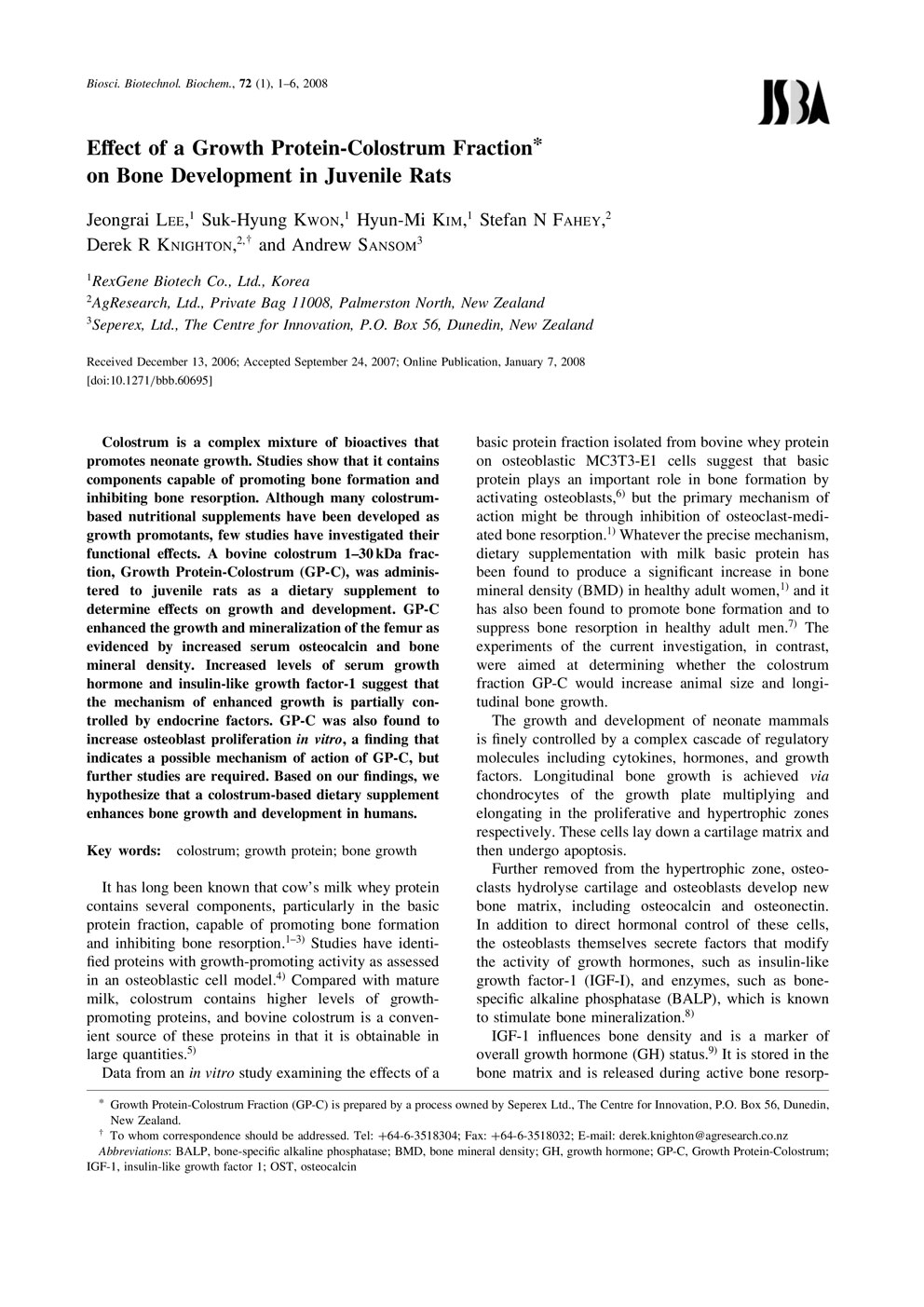 Effect of a Growth Protein-Colostrum Fraction on Bone Development in Juvenile Rats