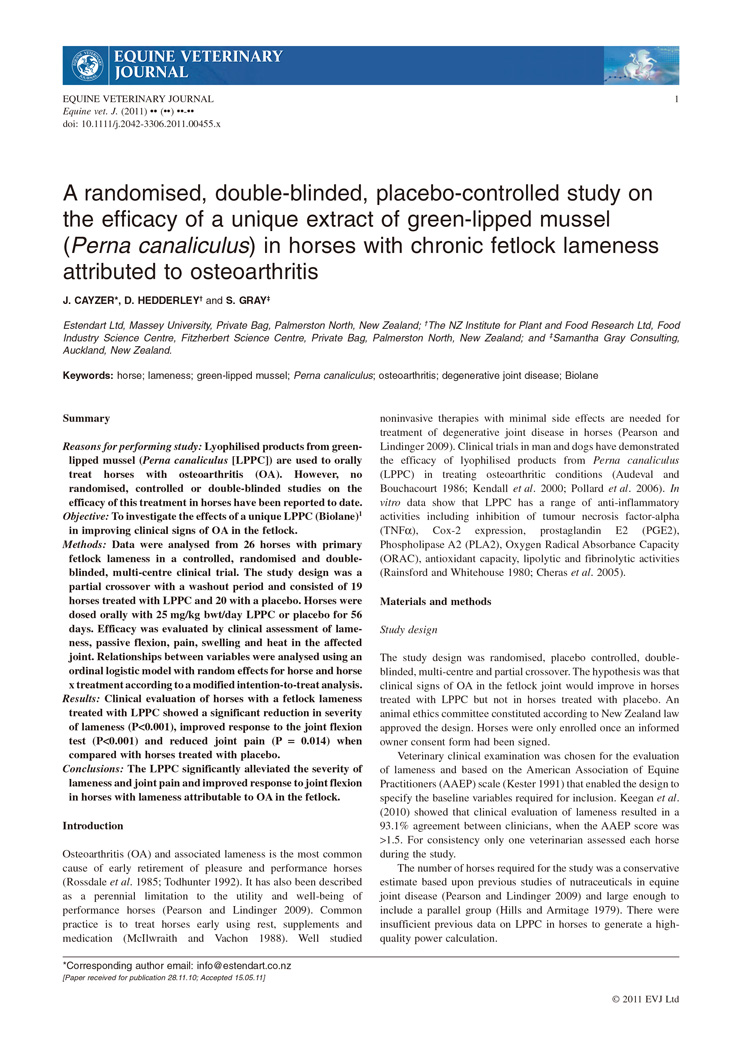 Efficacy of Biolane in horses with chronic fetlock lameness attributed to osteoarthritis P1